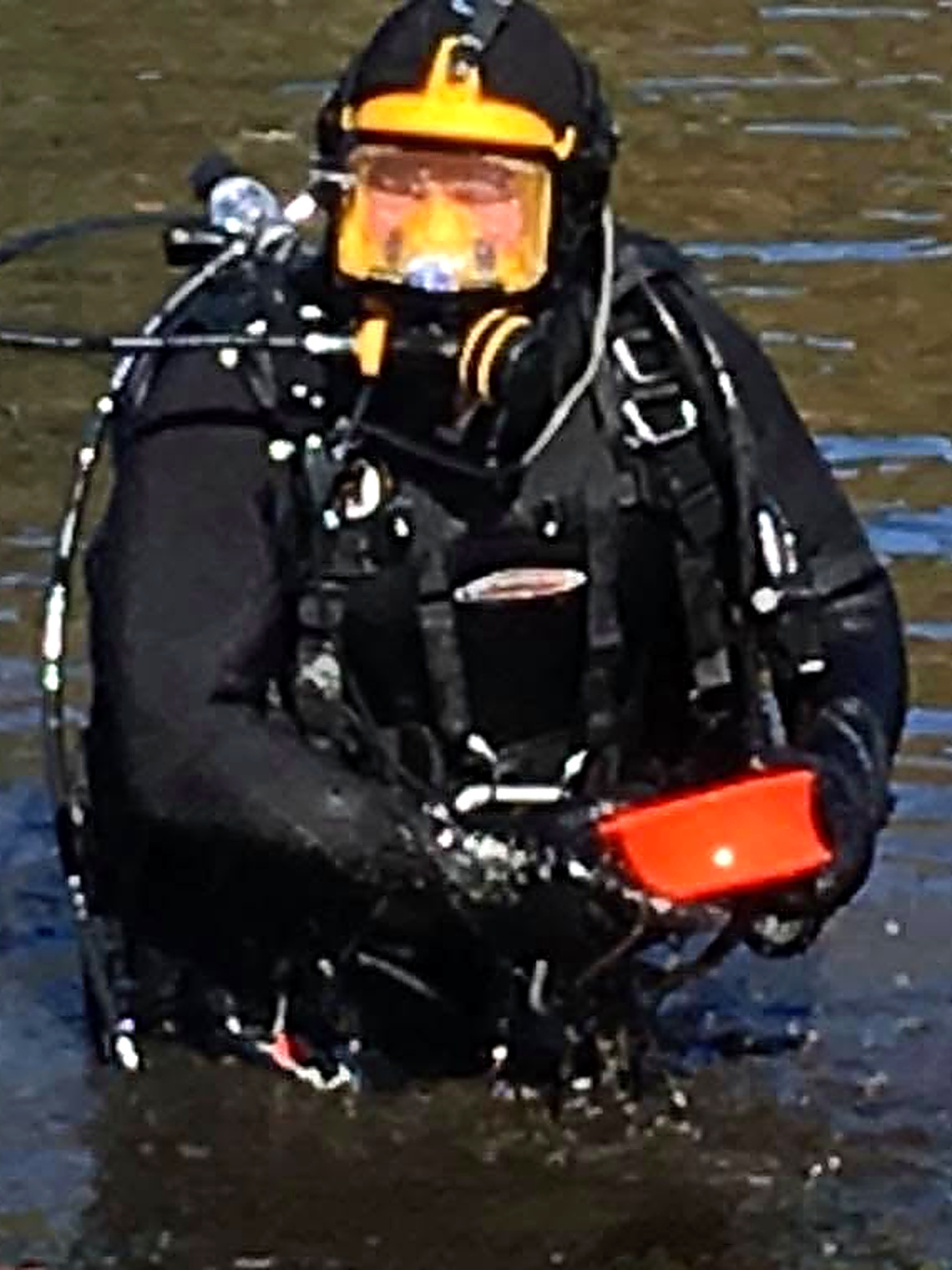 Alan Rose in full-face mask and surface-supplied dive gear during public safety dive operations